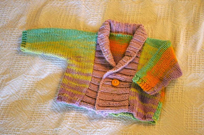 Lila, Grün Und Orange Schal Kragen Baby Jacke, Größe 0 - 6 Monate, Baumwolle von starsHaberdashery