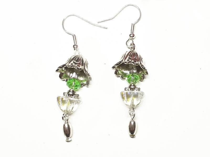 Blütenkelch-Ohrringe, Ca. 59 Mm, Silberfarben Grün von steamandpunk