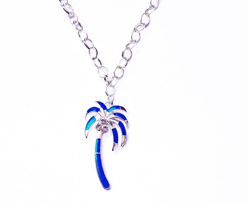 Emaillierte Palme Mit Weißem Strass, An Versilberter Kette Oder Einem Edelstahl - Halsreif, 13, 54 + 60 cm von steamandpunk