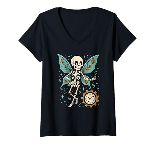 Damen Steampunk Skelettfee mit Uhr T-Shirt mit V-Ausschnitt Damen Steampunk Skelettfee mit Uhr T-Shirt mit V-Ausschnitt von steampunk fairy skeleton gears clock halloween