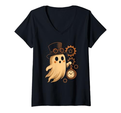 Damen Steampunk Ghost mit Zylinder T-Shirt mit V-Ausschnitt Damen Steampunk Ghost mit Zylinder T-Shirt mit V-Ausschnitt von steampunk ghost top hat gears watch halloween