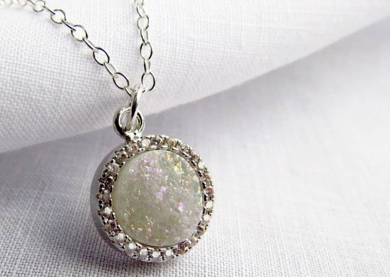 Weiße Druzy Drop Halskette Mit Strass, Silber Halskette, Schmuck, Anhänger, Sterling Silberschmuck, Hochzeitsschmuck von steellinejewelry