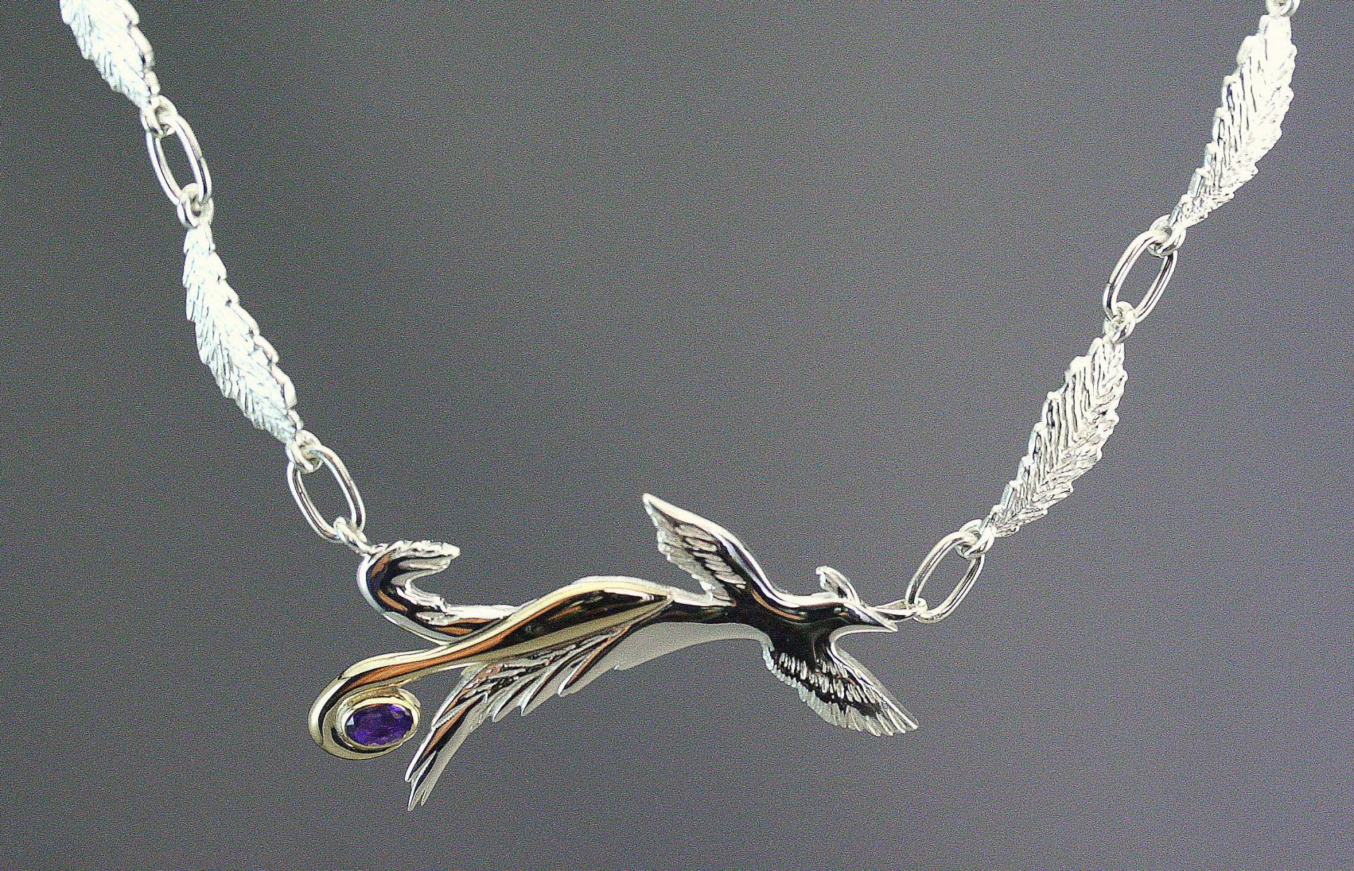 Phönix Halskette, 14K Silber Und Gold Vogel Amethyst Fliegende Handgefertigter Schmuck, Schmuck von stephanielemelin