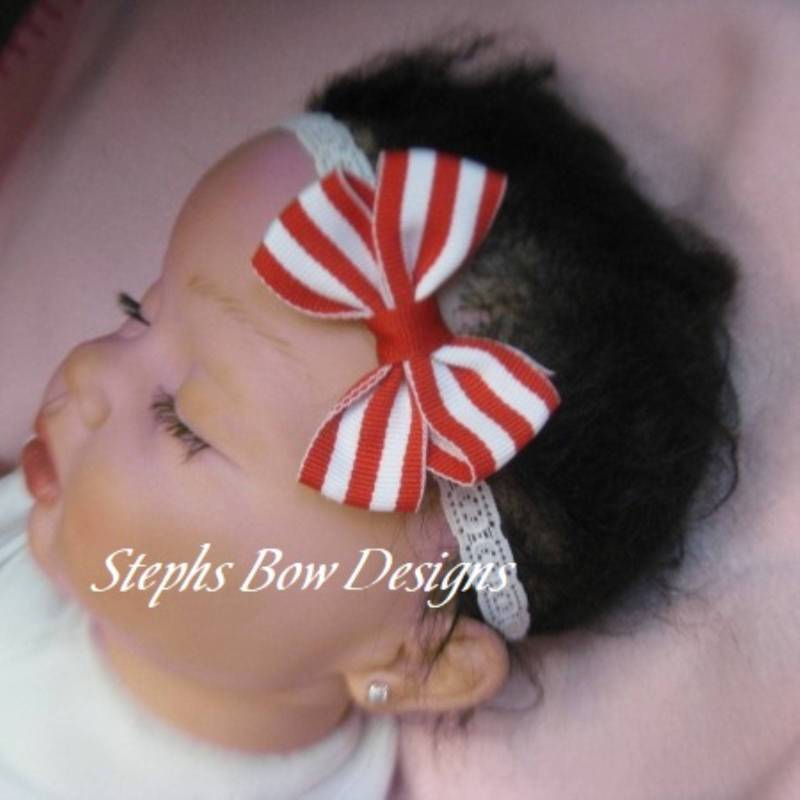 Entzückende Rot & Weiß Streifen Zierliche Haar Schleife Weiß Spitze Stirnband Neugeborenen Frühchen Kleinkind Baby Hairbow Ostern Frühling von stephsbowdesigns