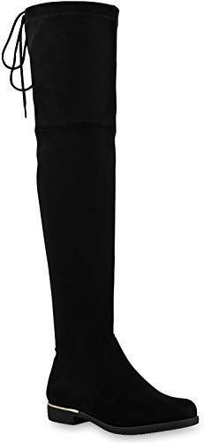Basic Damen Overknees Schleifen Stiefel Samt Flach Langschaftstiefel Overknee Boots Blockabsatz Schuhe 144221 Schwarz Gold 38 Flandell von stiefelparadies