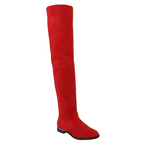 Basic Damen Overknees Schleifen Stiefel Samt Flach Langschaftstiefel Overknee Boots Blockabsatz Schuhe 144222 Rot Gold 38 Flandell von stiefelparadies