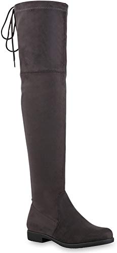 Basic Damen Overknees Schleifen Stiefel Velours Samt Flach Langschaftstiefel Overknee Boots Blockabsatz Schuhe 121549 Grau 39 Flandell von stiefelparadies