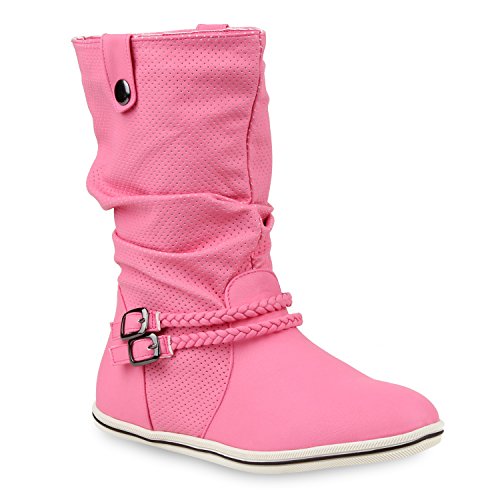 Bequeme Damen Stiefel Schlupfstiefel Lochungen Flache Boots Leder-Optik Metallic Schuhe 113535 Pink 42 Flandell von stiefelparadies
