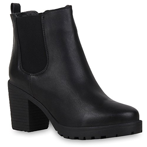 Booties Damen Stiefeletten Plateau Chelsea Boots Plateau Blockabsatz Leder-Optik Glitzer Schuhe 57790 Schwarz Avelar 39 Flandell von stiefelparadies