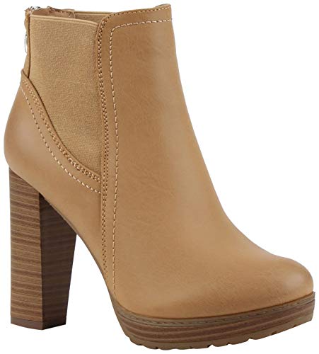 Damen Ankle Boots Plateau Stiefeletten Zipper Holzoptikabsatz Schuhe 111137 Hellbraun 36 Flandell von stiefelparadies