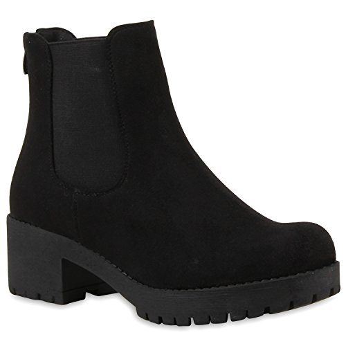 Damen Chelsea Boots Blockabsatz Plateau Stiefeletten Leder-Optik Schuhe 114793 Schwarz 37 Flandell von stiefelparadies