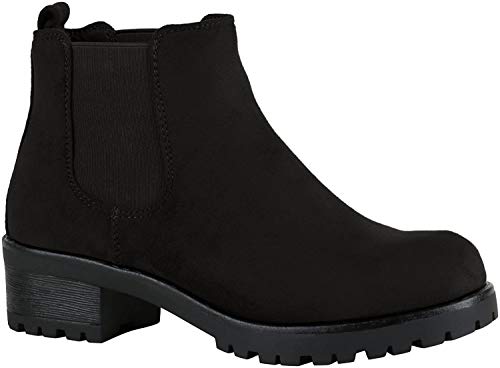 Damen Chelsea Boots Blockabsatz Plateau Stiefeletten Leder-Optik Schuhe 114793 Schwarz 39 Flandell von stiefelparadies