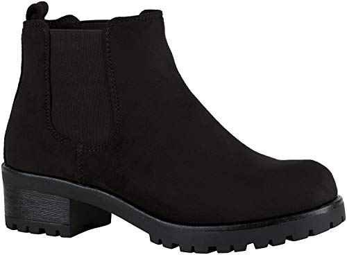 Damen Chelsea Boots Blockabsatz Plateau Stiefeletten Leder-Optik Schuhe 114793 Schwarz 41 Flandell von stiefelparadies