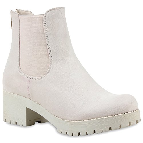 Damen Chelsea Boots Blockabsatz Plateau Stiefeletten Leder-Optik Schuhe 114796 Nude 37 Flandell von stiefelparadies