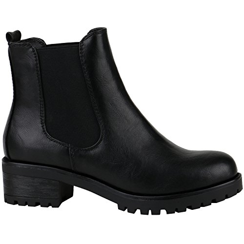 Damen Chelsea Boots Blockabsatz Plateau Stiefeletten Leder-Optik Schuhe 144274 Schwarz Glatt 38 Flandell von stiefelparadies