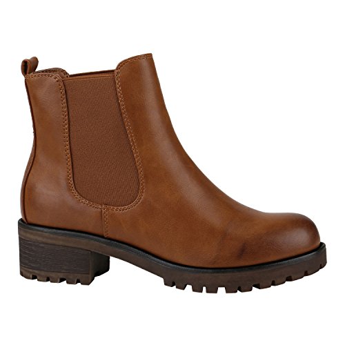 Damen Chelsea Boots Blockabsatz Plateau Stiefeletten Leder-Optik Schuhe 144277 Braun Glatt 39 Flandell von stiefelparadies