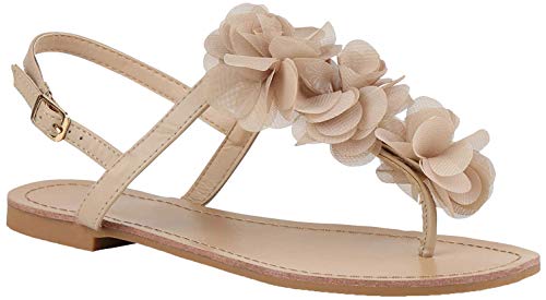 stiefelparadies Damen Dianetten Blumen Sandalen Zehentrenner Sommer Flats Beach Zierperlen Schuhe 114996 Nude 36 Flandell von stiefelparadies