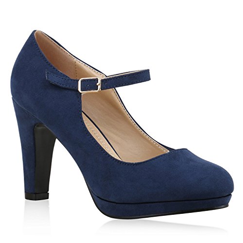 Damen Pumps T-Strap Blockabsatz High Heels Damen Mary Janes Samt Spangenpumps Lack Leder-Optik Schuhe 135523 Dunkelblau 37 Flandell von stiefelparadies