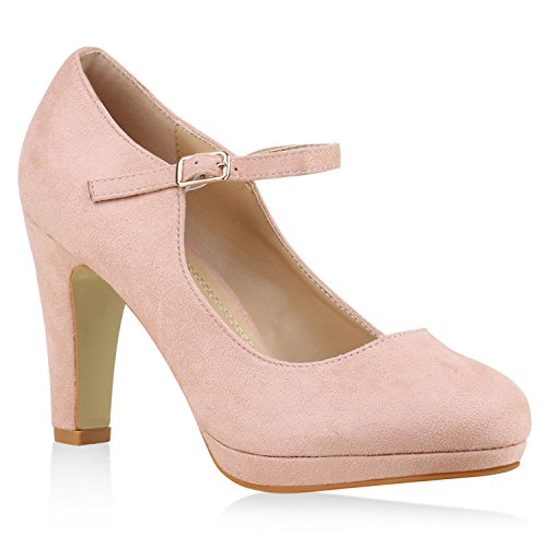 Damen Pumps T-Strap Blockabsatz High Heels Damen Mary Janes Samt Velours Spangenpumps Lack Leder-Optik Schuhe 135525 Rosa 36 Flandell von stiefelparadies