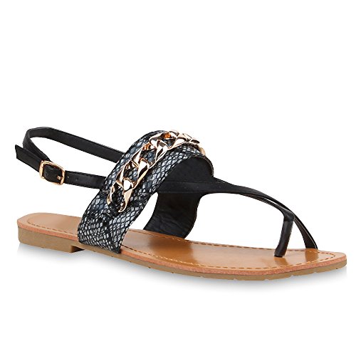 stiefelparadies Damen Riemchensandalen Sandalen Quasten Zehentrenner Schnürungen Fransen Sommer Schleifen Schuhe 103618 Schwarz Kette 36 Flandell von stiefelparadies