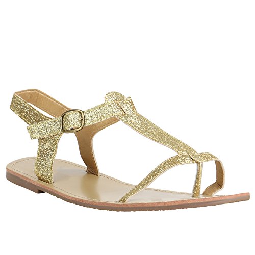 stiefelparadies Damen Sandalen Strass Metallic Zehentrenner Flats Dianetten Schuhe 155773 Gold Glitzer 39 Flandell von stiefelparadies