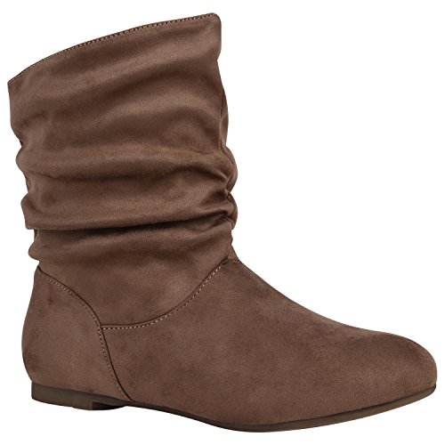 Damen Schlupfstiefel Leder-Optik Stiefeletten Bequeme Schuhe Schuhe 148943 Taupe Samtoptik 41 Flandell von stiefelparadies