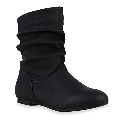 Damen Schlupfstiefel Zierknöpfe Bequeme Stiefeletten Kunstleder Schuhe 125852 Schwarz Schwarz Camargo 40 Flandell von stiefelparadies