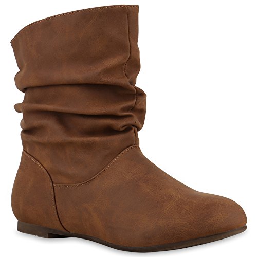 Damen Schlupfstiefel Zierknöpfe Bequeme Stiefeletten Kunstleder Schuhe 130720 Hellbraun Braun Camargo 36 Flandell von stiefelparadies