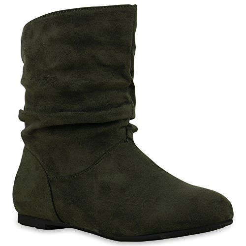 Damen Schlupfstiefel Zierknöpfe Bequeme Stiefeletten Kunstleder Schuhe 131578 Dunkelgrün Camargo 37 Flandell von stiefelparadies