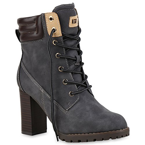 Damen Schnürstiefeletten Stiefeletten Worker Boots Wildleder-OptikHalbhohe Stiefel Schnürer Wildleder-Optik Schuhe 122663 Grau 38 Flandell von stiefelparadies