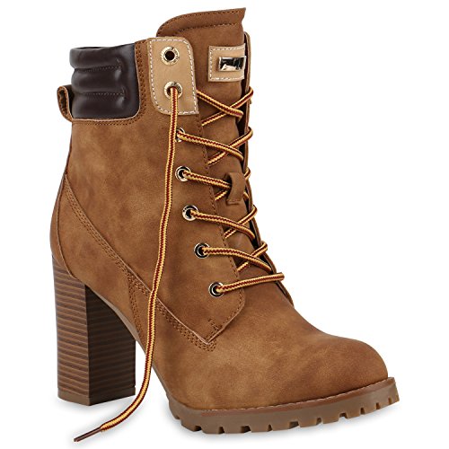Damen Schnürstiefeletten Winterstiefel Worker Boots Schnürer Winterboots Stiefeletten High Heels Schuhe 122712 Hellbraun 36 Flandell von stiefelparadies