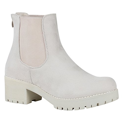 Damen Schuhe Chelsea Boots Blockabsatz Plateau Stiefeletten Leder-Optik 150484 Nude Velours 40 Flandell von stiefelparadies