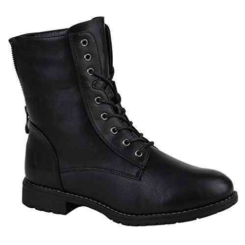 Damen Schuhe Schnürstiefeletten Profilsohle Stiefeletten Leder-Optik 152185 Schwarz Schleife 38 Flandell von stiefelparadies