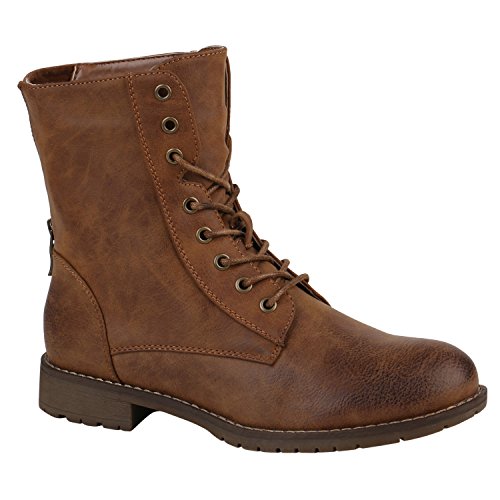 Damen Schuhe Schnürstiefeletten Profilsohle Stiefeletten Leder-Optik 152186 Braun Schleife 36 Flandell von stiefelparadies