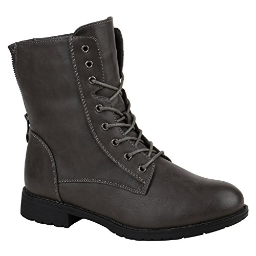 Damen Schuhe Schnürstiefeletten Profilsohle Stiefeletten Leder-Optik 152187 Grau Schleife 37 Flandell von stiefelparadies