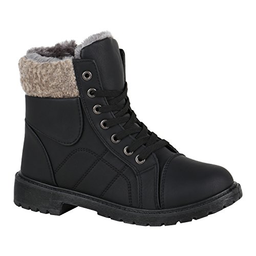 Damen Schuhe Schnürstiefeletten Warm Gefütterte Stiefeletten Kunstfell 150391 Schwarz Bexhill 36 Flandell von stiefelparadies