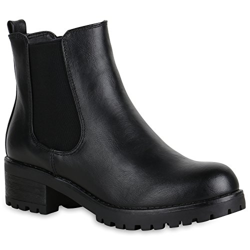 Damen Schuhe Stiefeletten Chelsea Boots Leicht Gefüttert Blockabsatz 151395 Schwarz Avion 37 Flandell von stiefelparadies