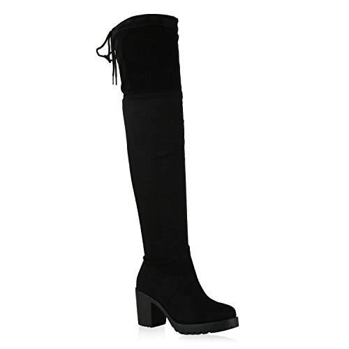 Damen Stiefel Schleifen Overknees Veloursleder-Optik Langschaftstiefel Boots Schuhe 130730 Schwarz Schwarz 36 Flandell von stiefelparadies