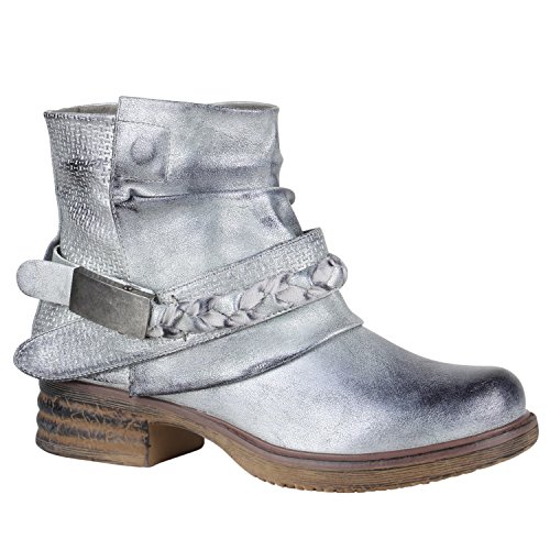 Damen Stiefeletten Biker Boots Nieten Schnallen Leder-Optik Schuhe 148778 Silber Flechte 36 Flandell von stiefelparadies