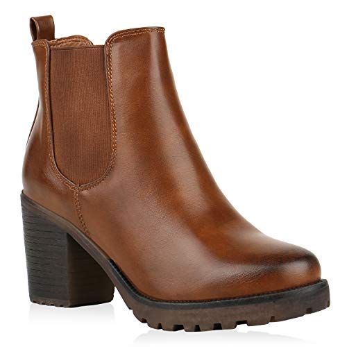 Damen Stiefeletten Blockabsatz Chelsea Boots Profilsohle 165957 Hellbraun Braun Avelar 40 Flandell von stiefelparadies