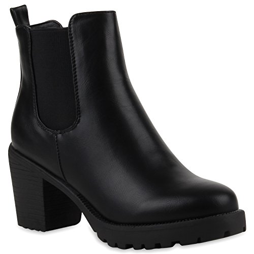 Damen Stiefeletten Chelsea Boots Blockabsatz Profilsohle Schuhe 110681 Schwarz Glatt 40 Flandell von stiefelparadies