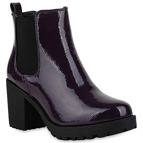 Damen Stiefeletten Chelsea Boots Profilsohle Blockabsatz Schuhe 177219 Lila Lack 37 Flandell von stiefelparadies