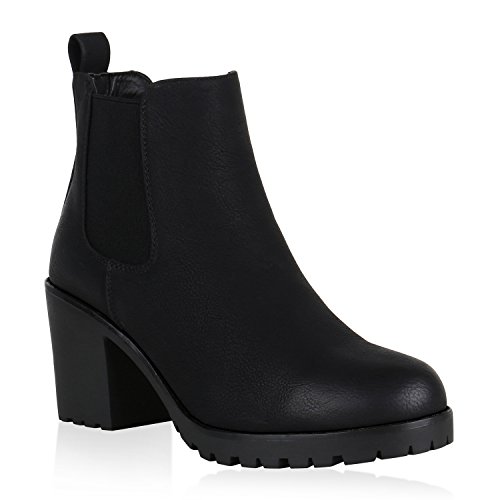 Damen Stiefeletten Leicht Gefütterte Chelsea Boots Blockabsatz 148715 Schwarz 37 Flandell von stiefelparadies