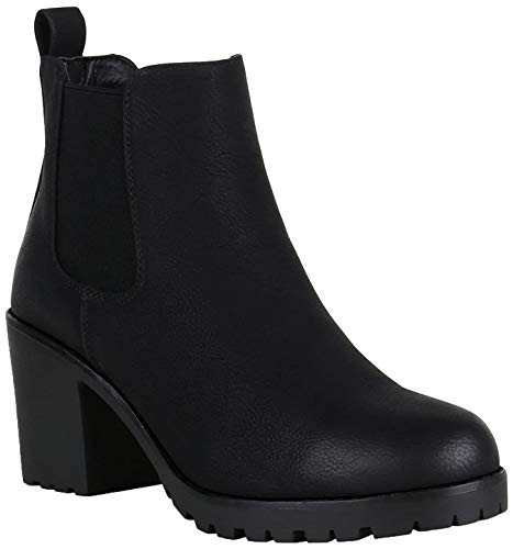 Damen Stiefeletten Leicht Gefütterte Chelsea Boots Blockabsatz 148715 Schwarz 37 Flandell von stiefelparadies