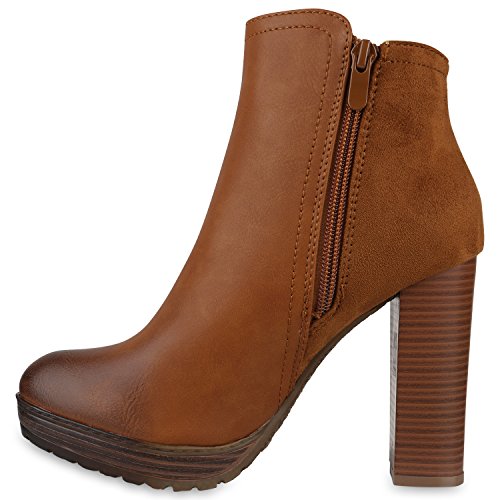 Damen Stiefeletten Plateau-Boots Zipper Holzoptikabsatz Schuhe 146555 Hellbraun Zipper 37 Flandell von stiefelparadies