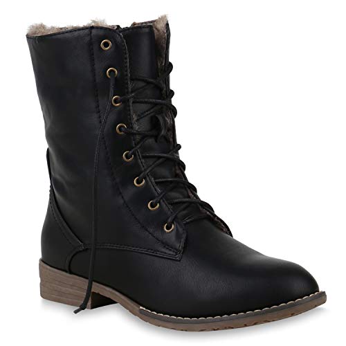 Damen Stiefeletten Worker Boots Leder-Optik Schnürstiefeletten Camouflage Verlours Schuhe 109655 Schwarz Agueda Autol 38 Flandell von stiefelparadies