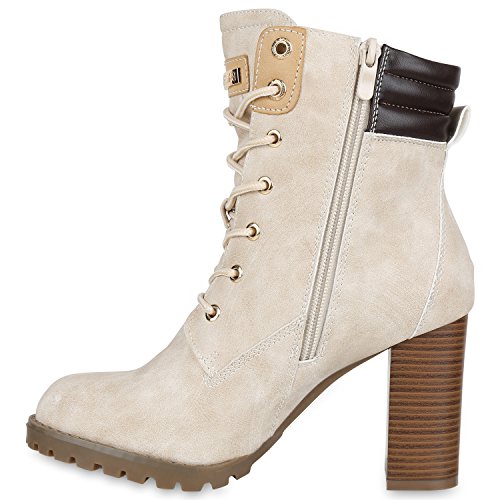 Damen Worker Boots Stiefeletten High Heels Outdoor Booties Schnürstiefeletten Wildleder-Optik Schuhe 128481 Creme Gefüttert 37 Flandell von stiefelparadies