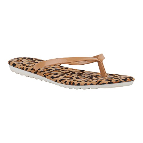 stiefelparadies Damen Zehentrenner Beach Schuhe Lack Flats Sandalen 155747 Hellbraun Leopard 39 Flandell von stiefelparadies