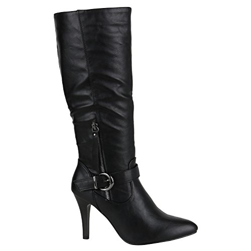 Elegante Damen Stiefel High Heels Boots Stilettos Gefüttert Schuhe 144481 Schwarz Zipper 37 Flandell von stiefelparadies