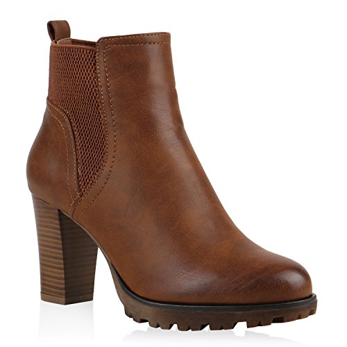 Gefütterte Chelsea Boots Damen Block Absatz Stiefeletten 123531 Hellbraun Bernice 36 Flandell von stiefelparadies